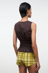 Brown sleeveless top with ruched waist and low back peplum hem