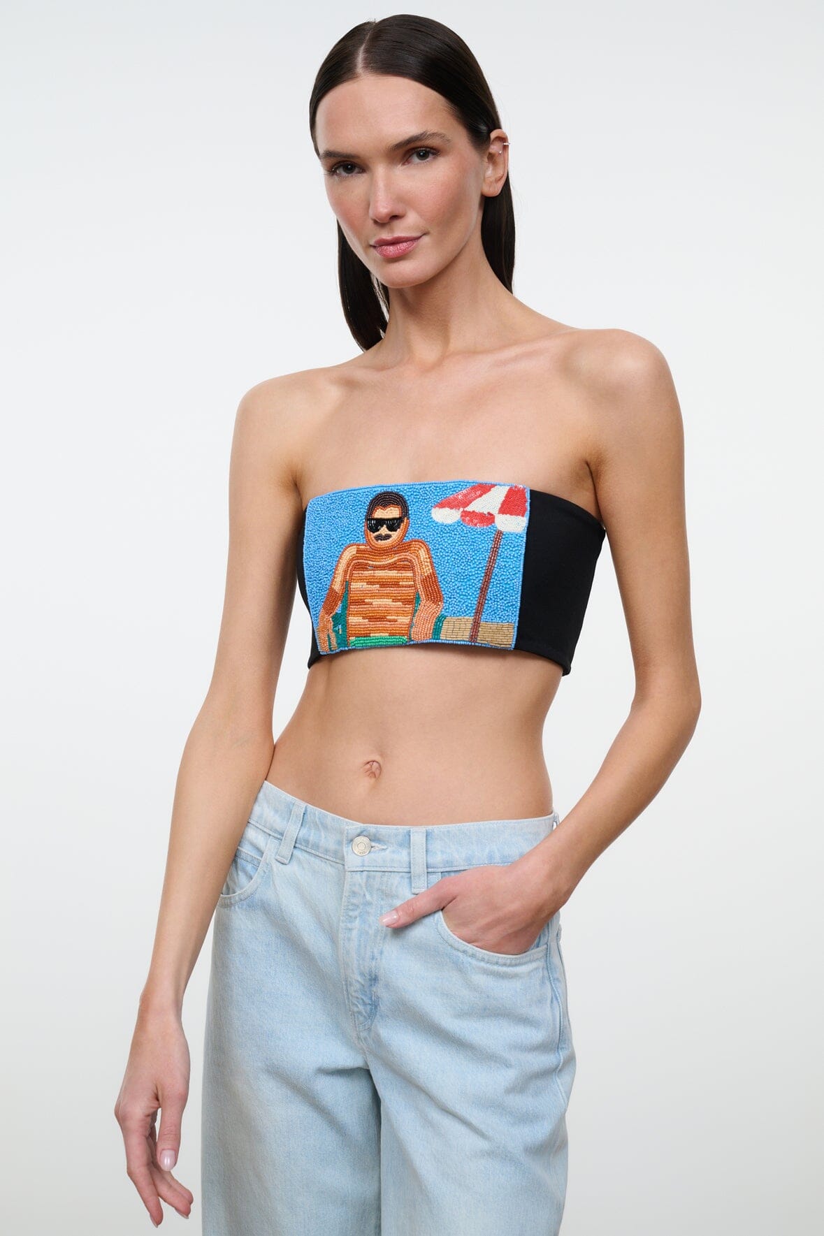 Black strapless tube top with artwork graphic front, cropped fitted style