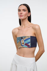 Bandeau tube top with navy band and colorful graphic patch detail