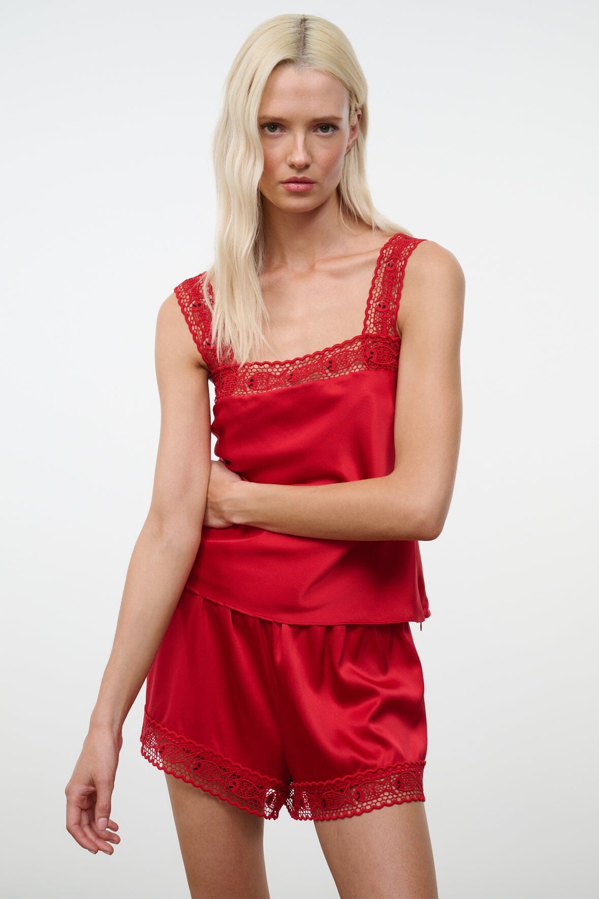 Tomato red silk cami top with scalloped lace scoop neckline and lace-trim straps