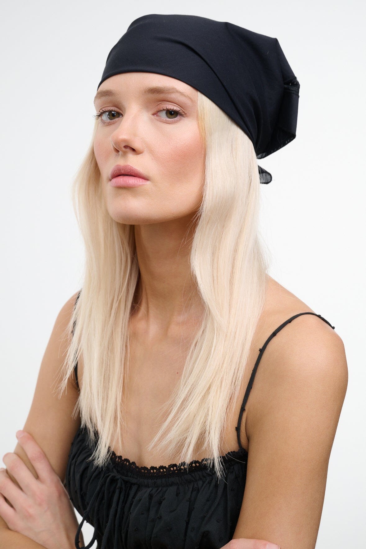 Black headscarf with gathered top and side drape