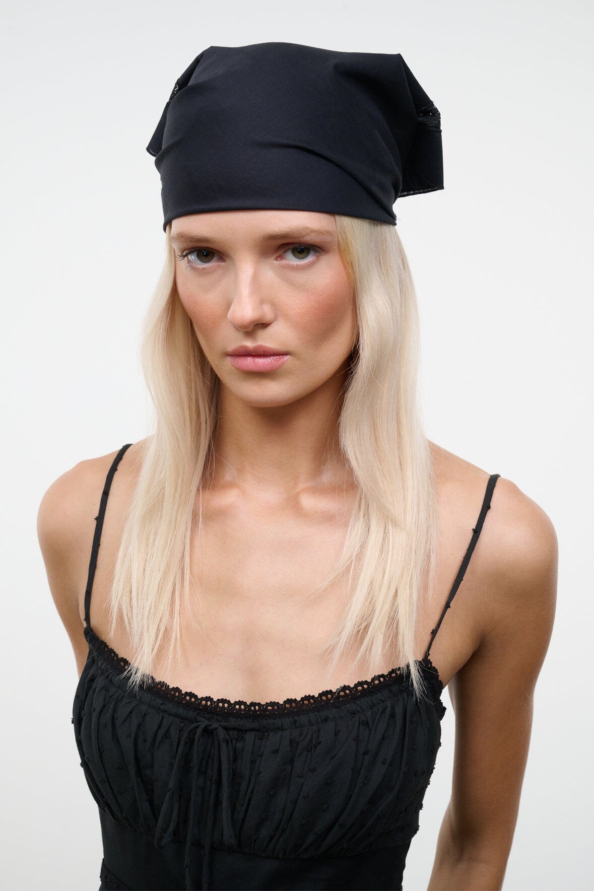 Black headscarf cap style with folded crown