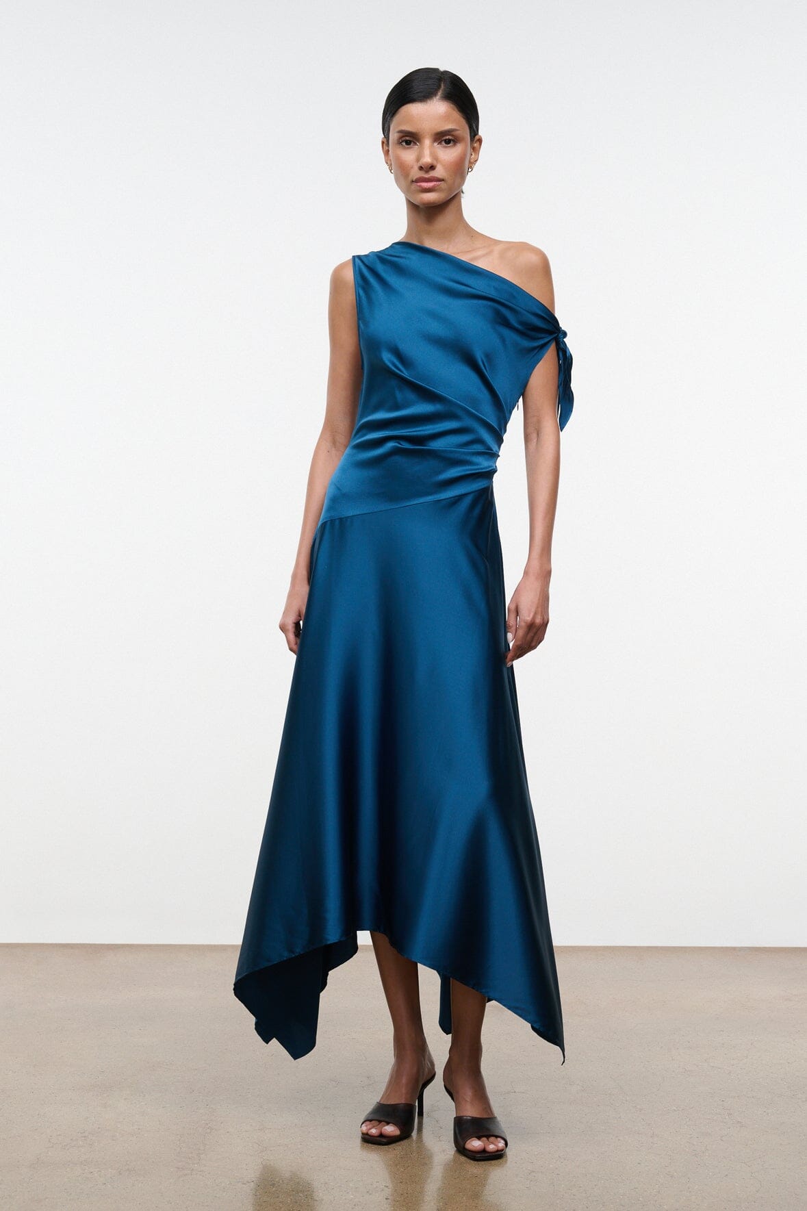 Teal-blue silk one-shoulder midi dress with ruched waist, side drape, asym hem