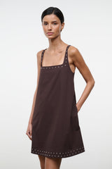 Dark brown sleeveless shift dress with square neckline and studded trim around the hem
