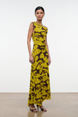 Off-shoulder sleeveless maxi dress with cascading hem and yellow floral print