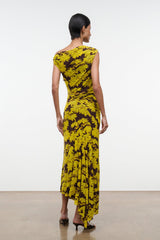 Back view off-shoulder printed maxi dress with yellow floral pattern on dark
