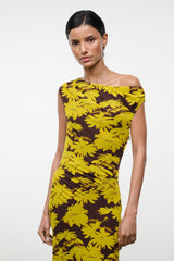 Draped off-shoulder neckline printed maxi dress in yellow floral on dark