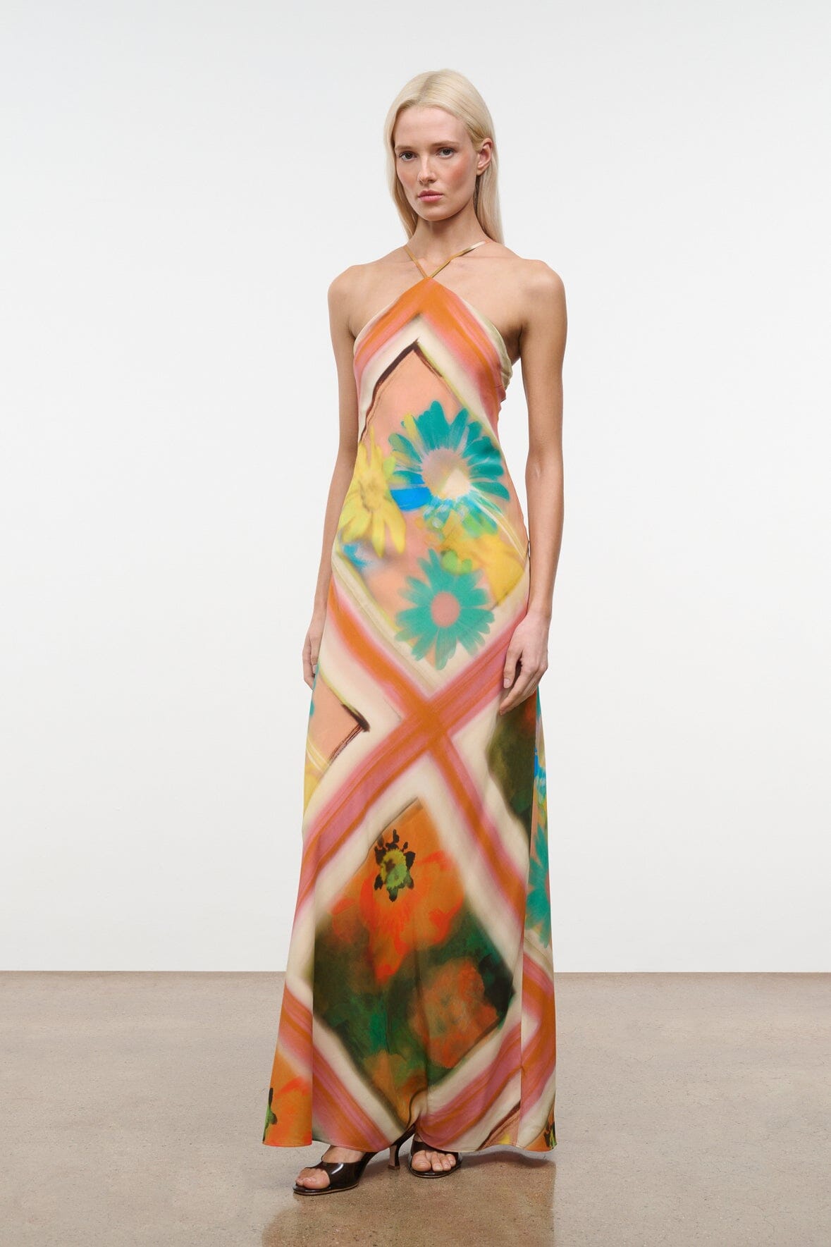 Cubism dress, multicolor floral geometric halter maxi with thin spaghetti straps