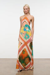 Cubism dress, multicolor floral geometric halter maxi with thin spaghetti straps