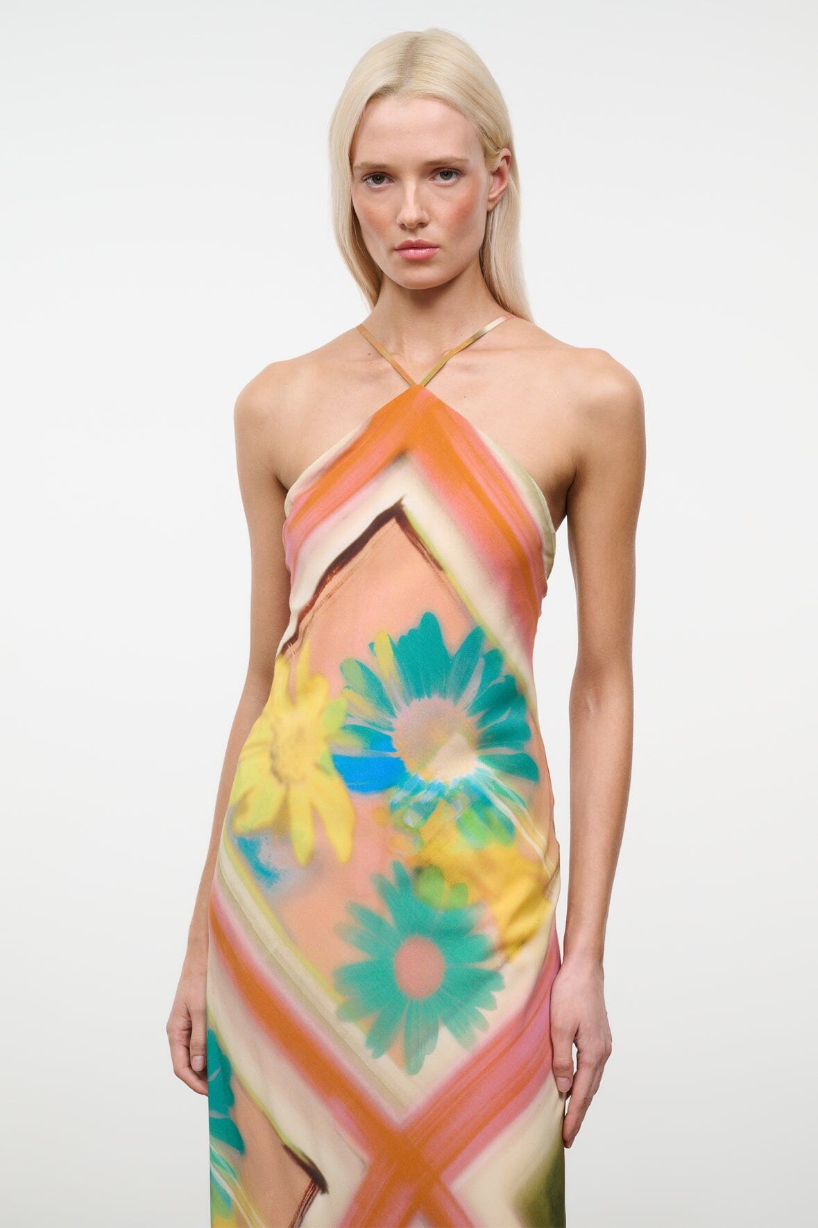Multicolor floral geometric halter maxi dress with thin cross-neck straps