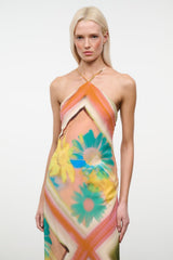 Multicolor floral geometric halter maxi dress with thin cross-neck straps