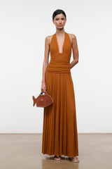 ALESSANDRA dress in cocoa-butter brown, halter neckline, ruched waist, long pleated skirt