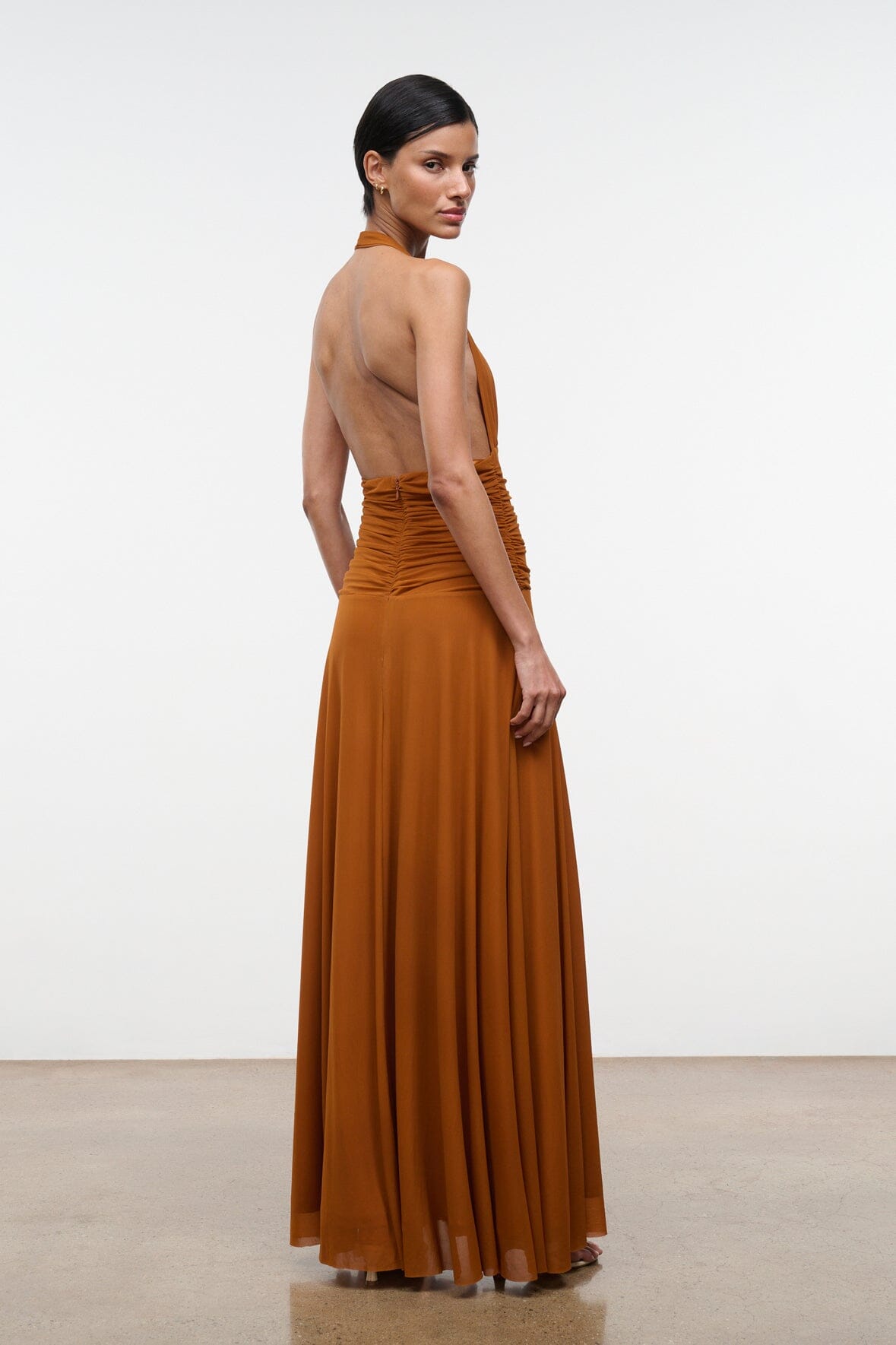 ALESSANDRA halter maxi dress in cocoa-butter brown, back view, ruched waist and pleated skirt