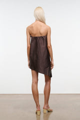 Dark brown strapless back view top with gathered neckline and draped asymmetrical hem