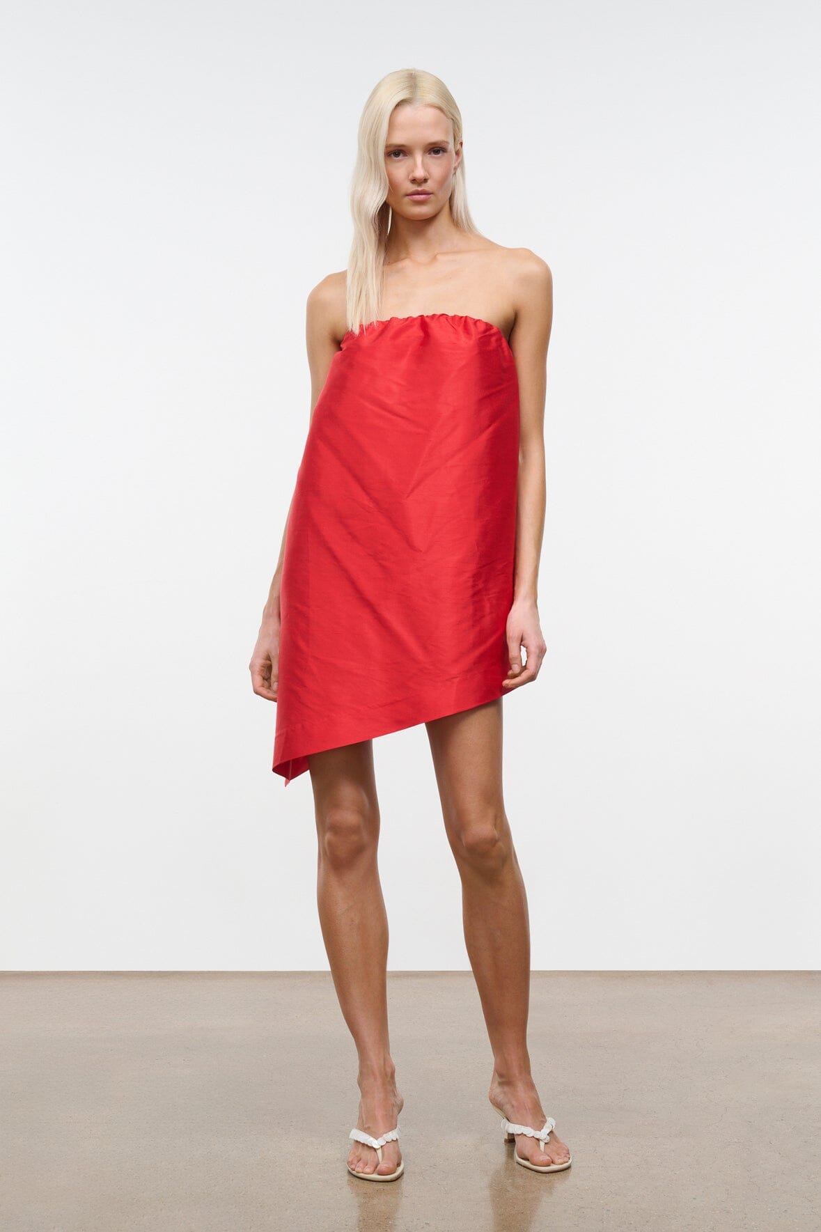 Convertible silk dupioni top, strapless red bandeau with asymmetrical hem and layered drape