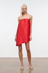 Convertible silk dupioni top, strapless red bandeau with asymmetrical hem and layered drape
