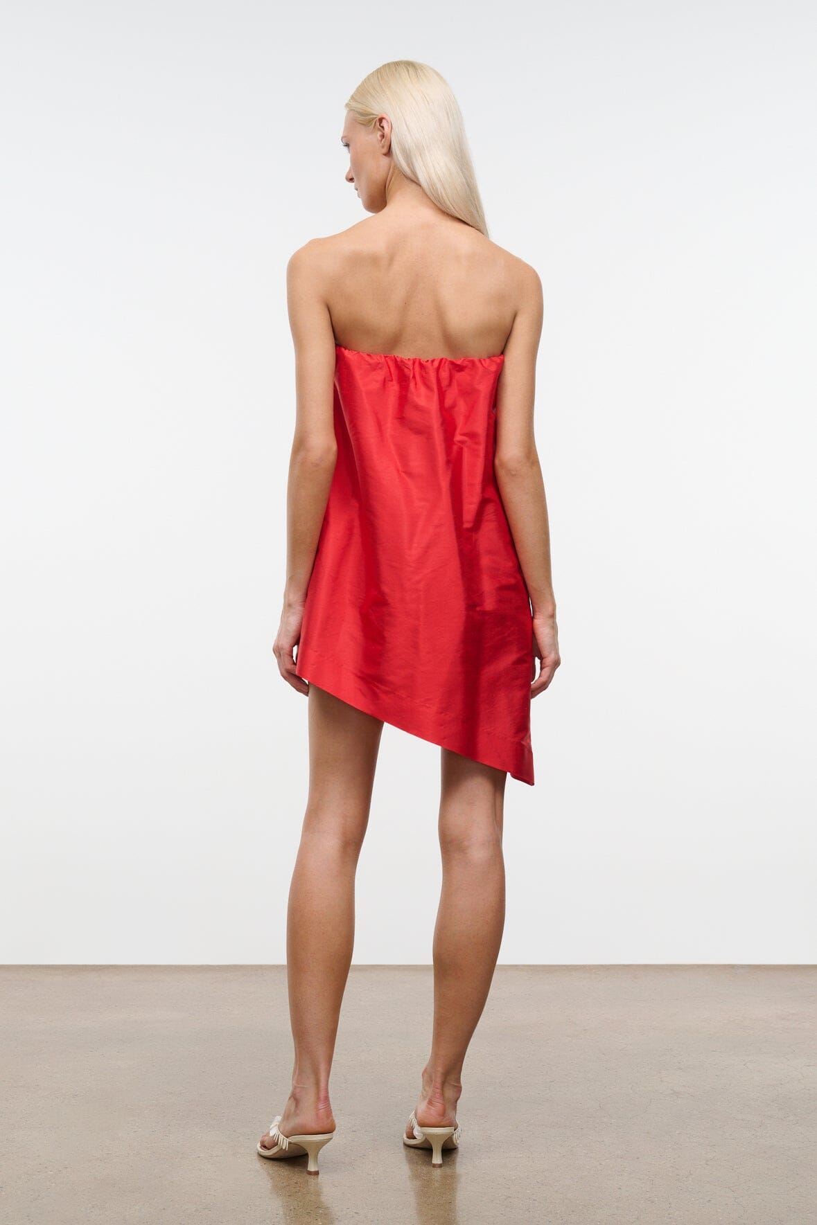 Convertible silk dupioni top, strapless red bandeau with asymmetrical back and layered drape