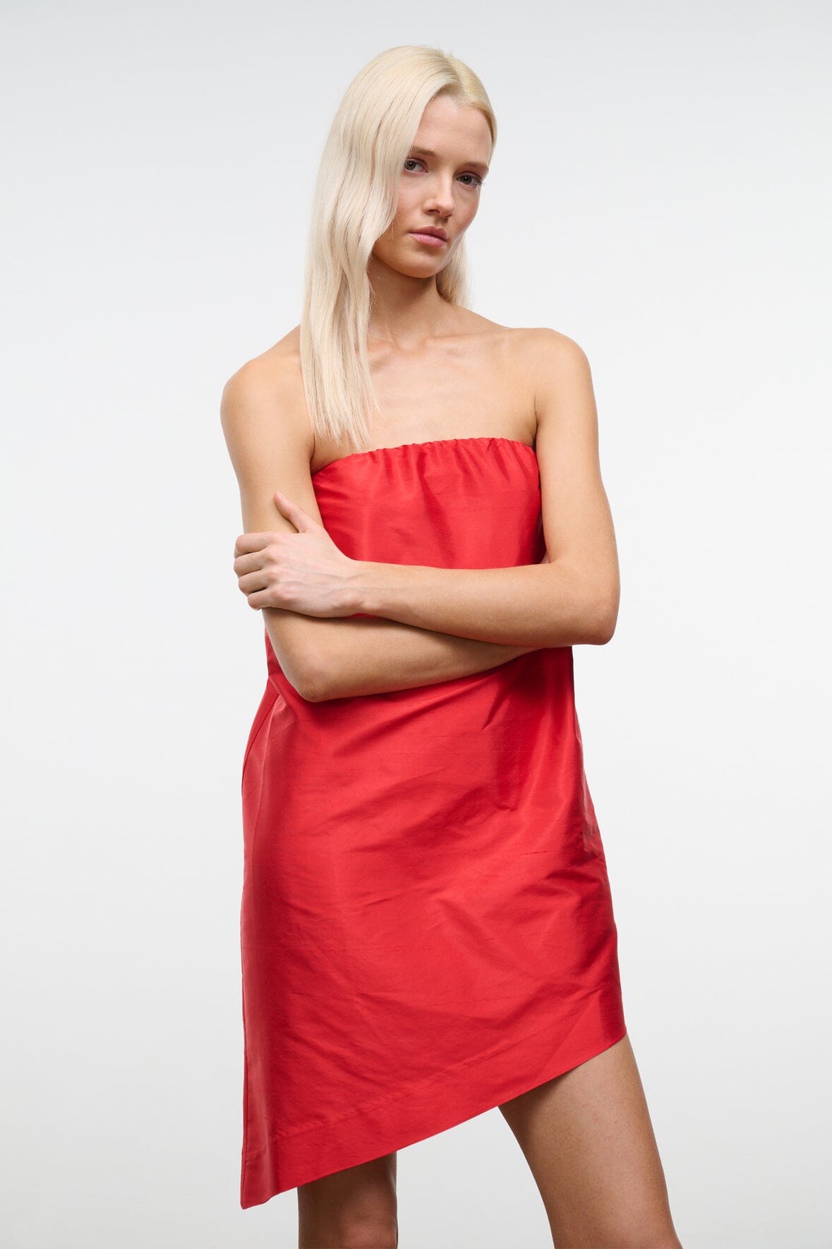 Convertible silk dupioni top, strapless red bandeau with smocked neckline and angled hem