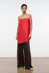 Convertible silk dupioni top, strapless red bandeau with smocked top and angled asymmetrical hem