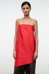 Convertible silk dupioni top close view, strapless red bandeau with smocked neckline
