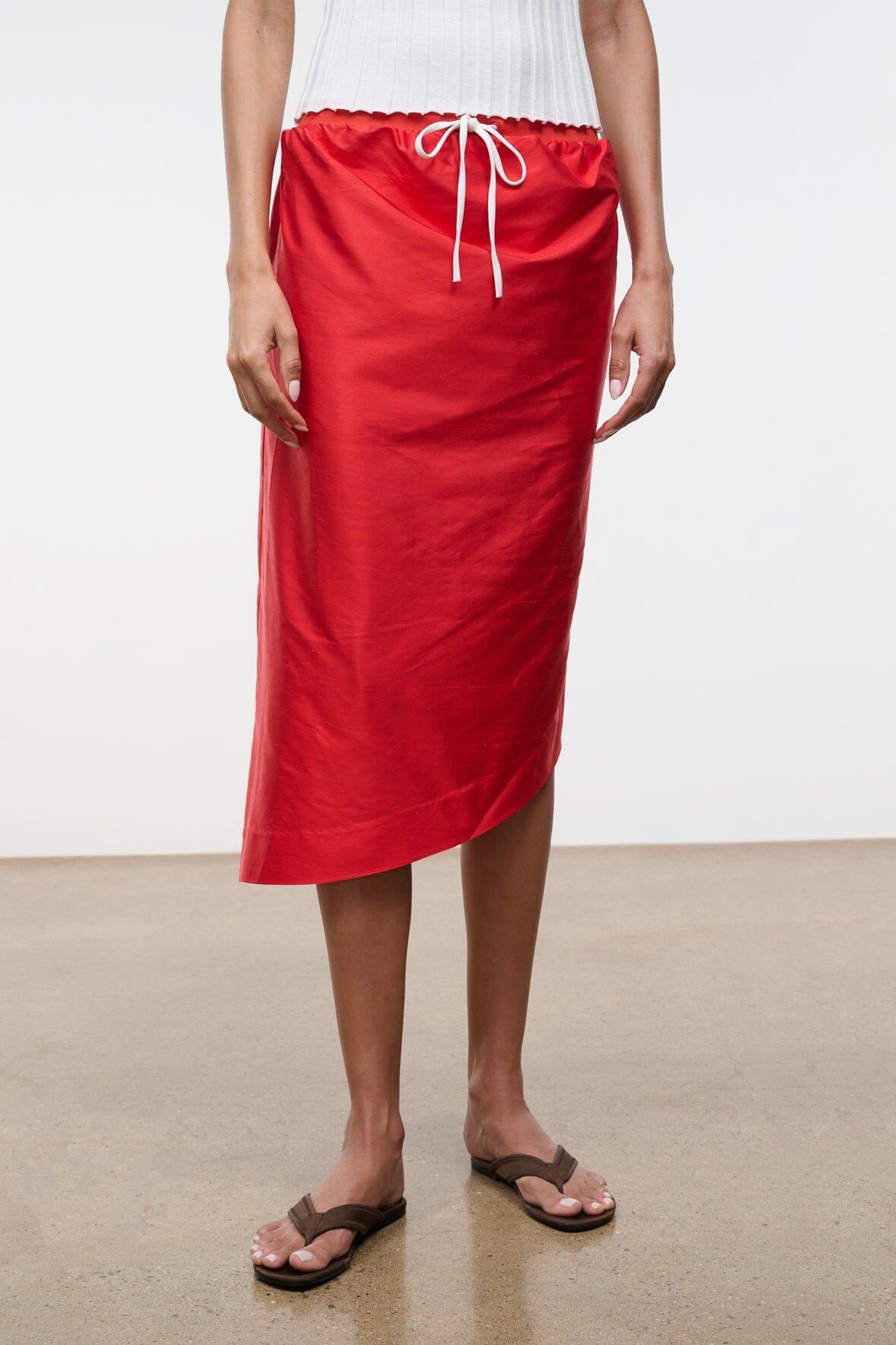 Convertible silk dupioni top detail, red drawstring waist with white underlayer