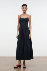 Black midi dress with spaghetti straps and gathered neckline