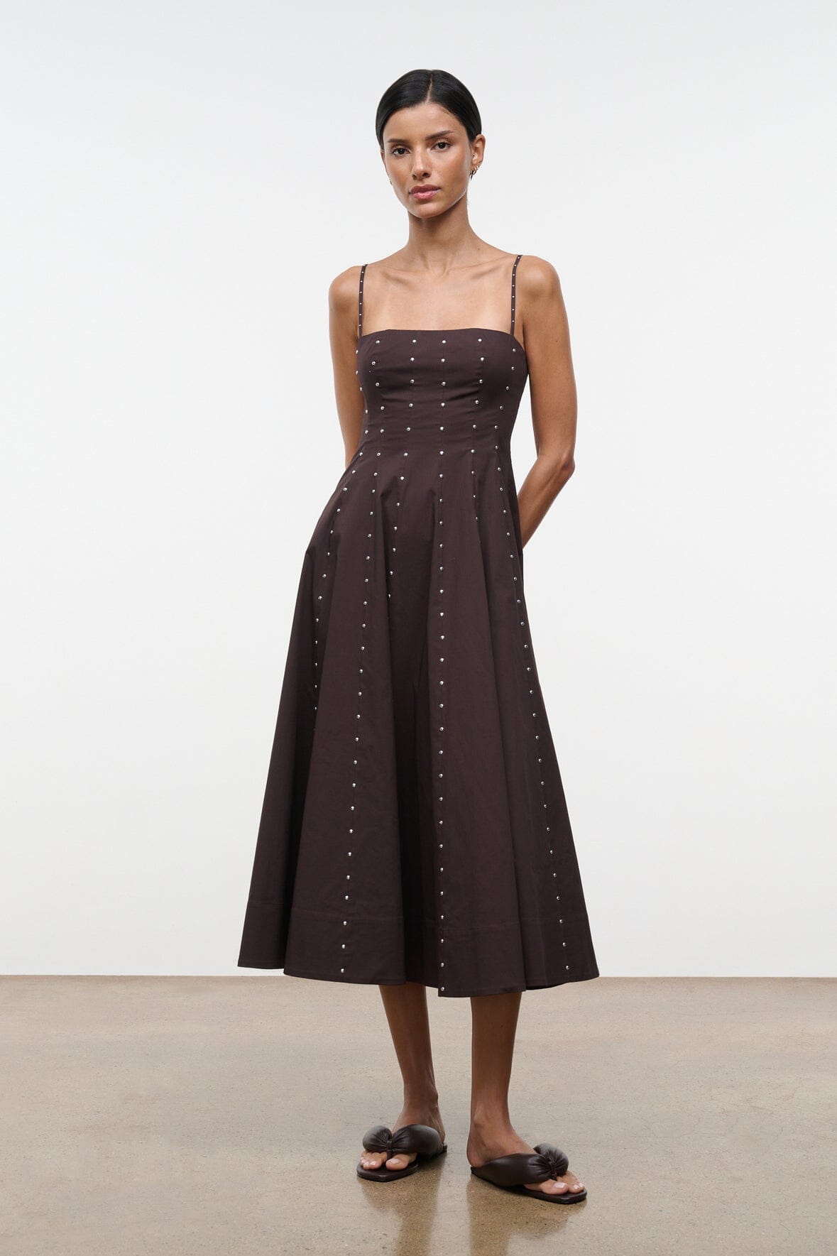 Wylie midi dress with dark stud embellishments and thin straps
