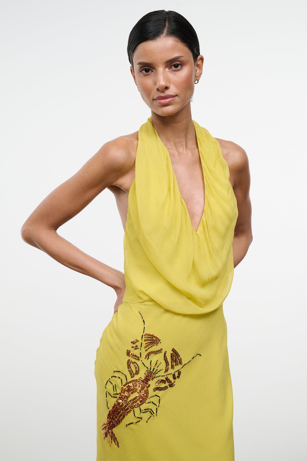 Citron yellow halter dress with embroidered insect graphic at bodice