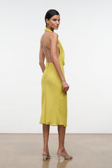 Citron yellow halter dress, open back and draped cowl neckline