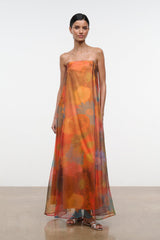 Strapless maxi dress in sheer mesh with abstract orange and teal floral pattern