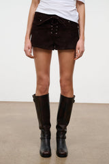 Dark brown suede shorts with lace-up waistband and side seams
