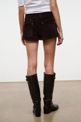 Dark brown suede shorts with flap pockets, button front, and stitched waistband
