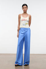Silk dupioni wide-leg pants in light blue, high waist with gathered waistband