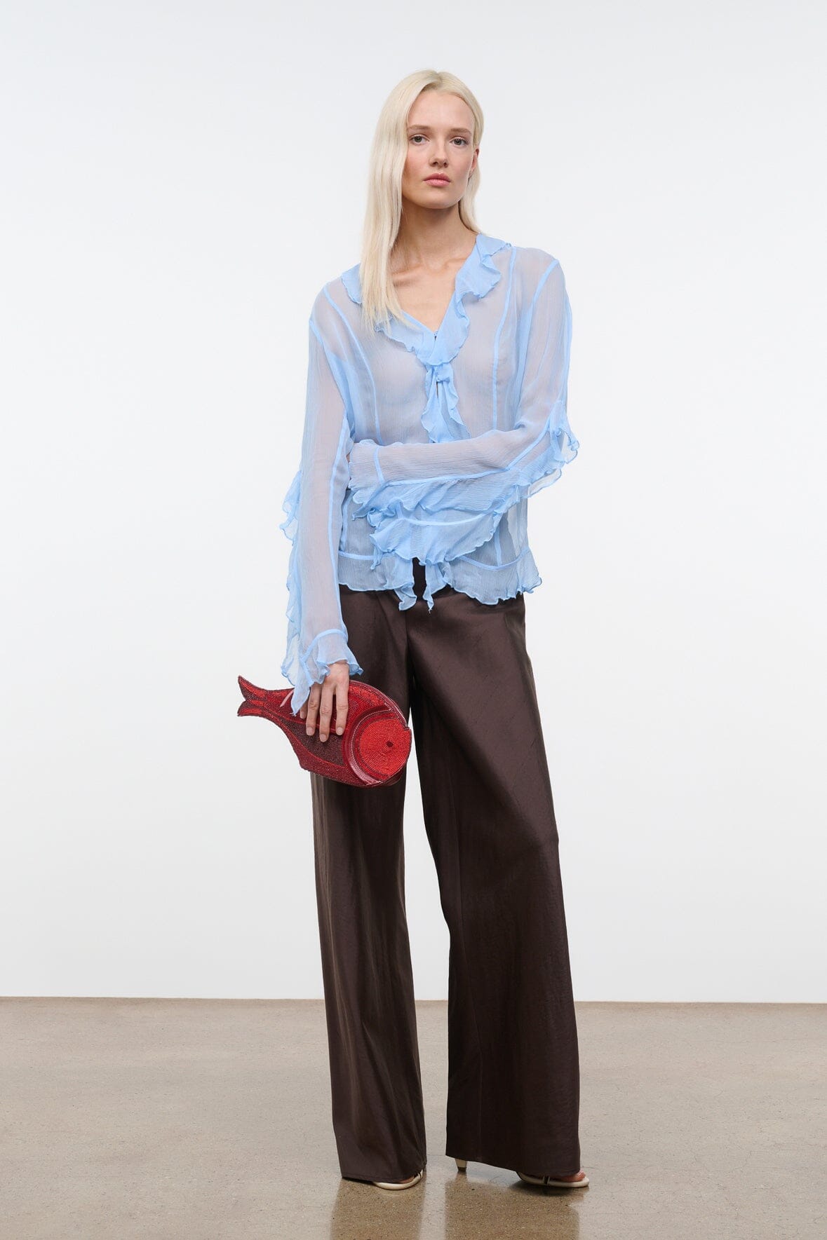 Dark brown wide-leg silk dupioni pants with relaxed fit and straight hems
