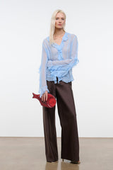 Dark brown wide-leg silk dupioni pants with relaxed fit and straight hems
