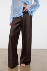 Dark brown wide-leg pants with smooth front and relaxed straight-leg silhouette