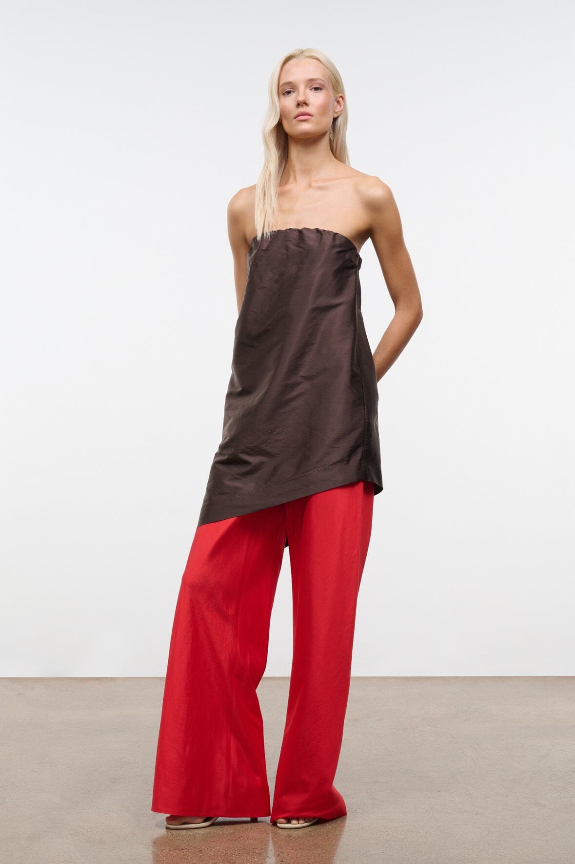 Red silk dupioni wide-leg pants with elastic waist