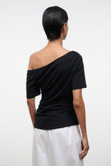 Black Carine top with draped off-shoulder neckline and short sleeves, back view