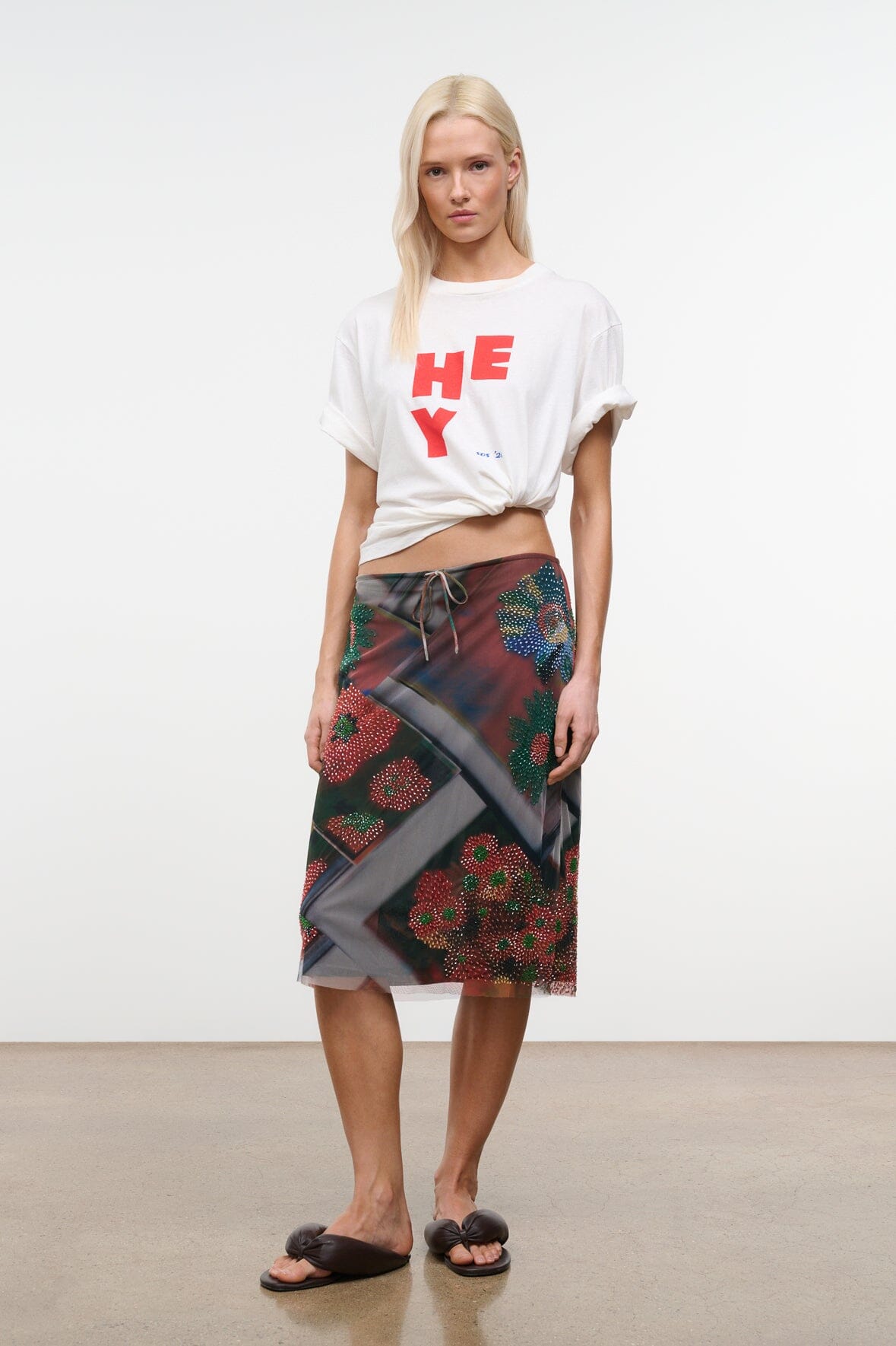 LUCIA skirt midi length featuring beaded floral pattern and drawstring tie waist