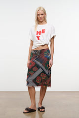 LUCIA skirt midi length featuring beaded floral pattern and drawstring tie waist