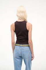 Women's dark sleeveless tank with racerback straps, back view.