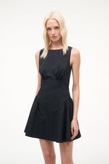 Black sleeveless mini dress with fitted waist and flared skirt