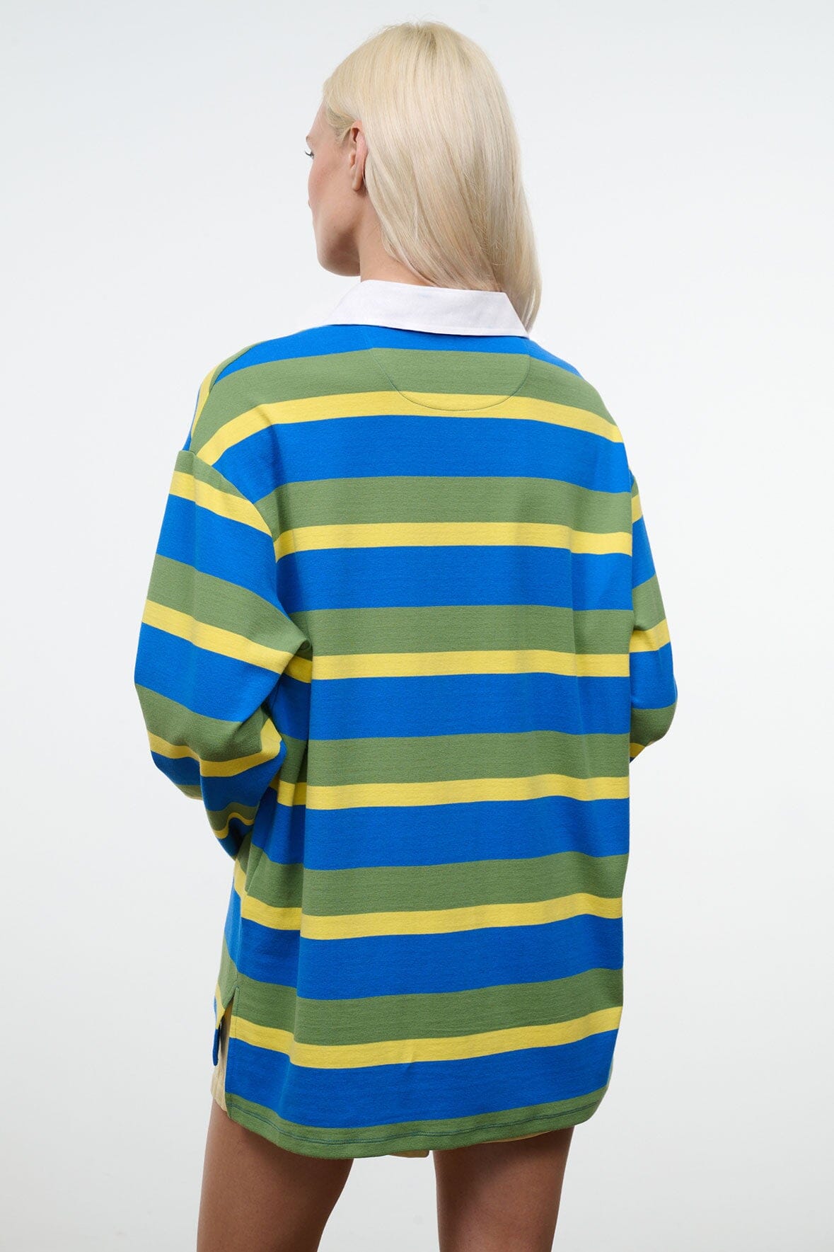 Back view of striped long-sleeve shirt in blue, green, and yellow horizontal stripes