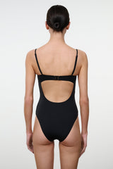 Black one-piece swimsuit, open back with thin straps and smooth back panel