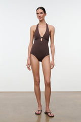 Dark brown halter one-piece swimsuit with keyhole ring at bust