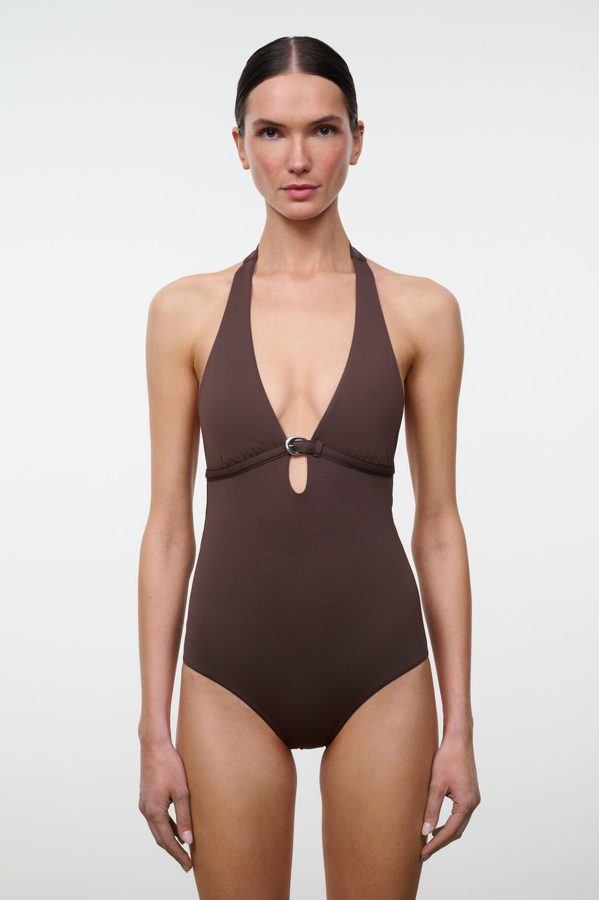 Dark brown halter one-piece swimsuit with keyhole ring detail at bust