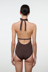Dark brown one-piece swimsuit with open back and two tie straps at neck