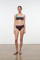 Bikini top bandeau in dark brown with green, yellow, and blue contrast straps