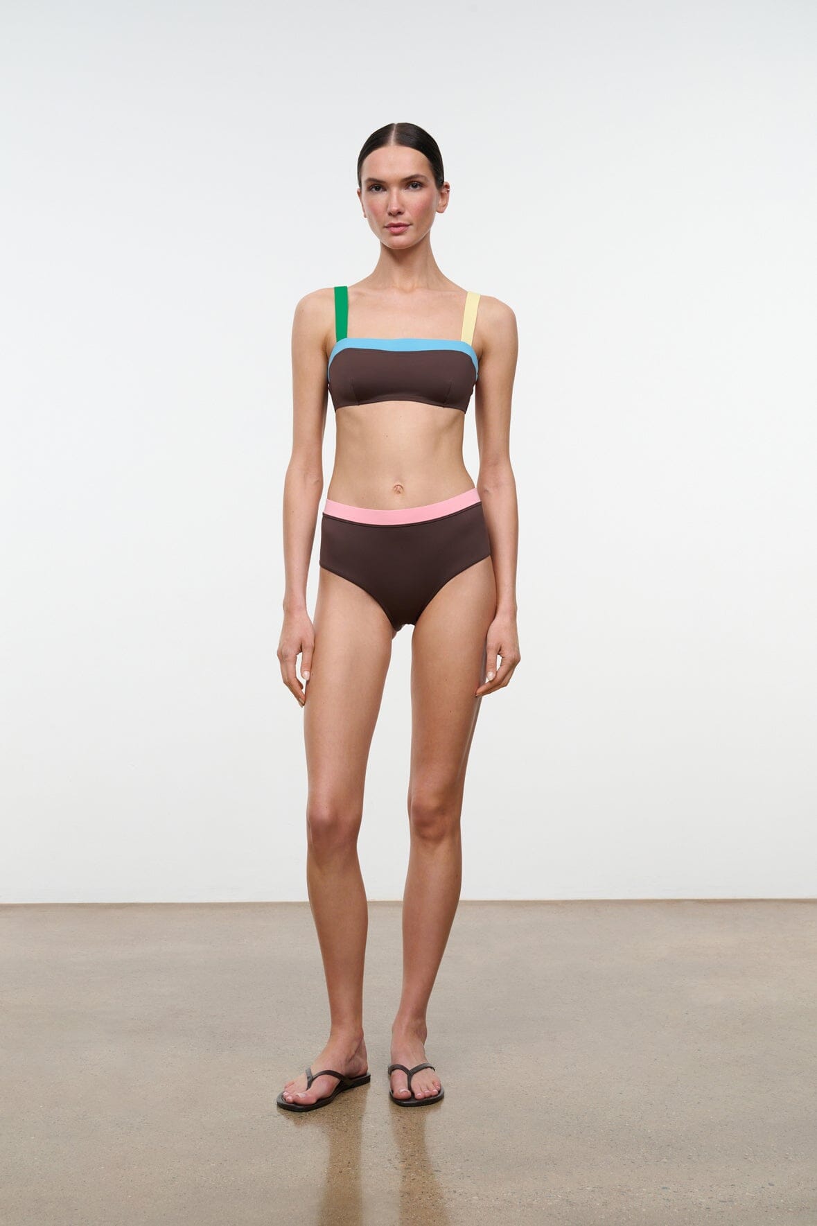 High-rise bikini bottom, dark brown with pink waistband and multicolor horizontal bands