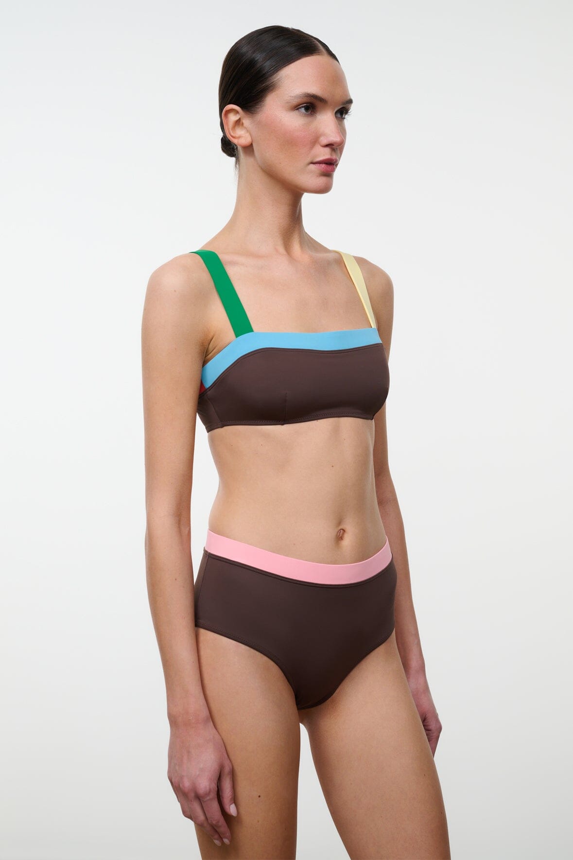 High-rise bikini bottom in dark brown with pink waistband and color-block trim